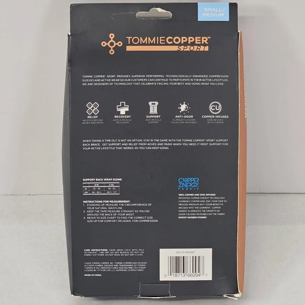 Tommie Copper Sport Support Back Wrap Small Medium Copper Infused‎ Anti Odor